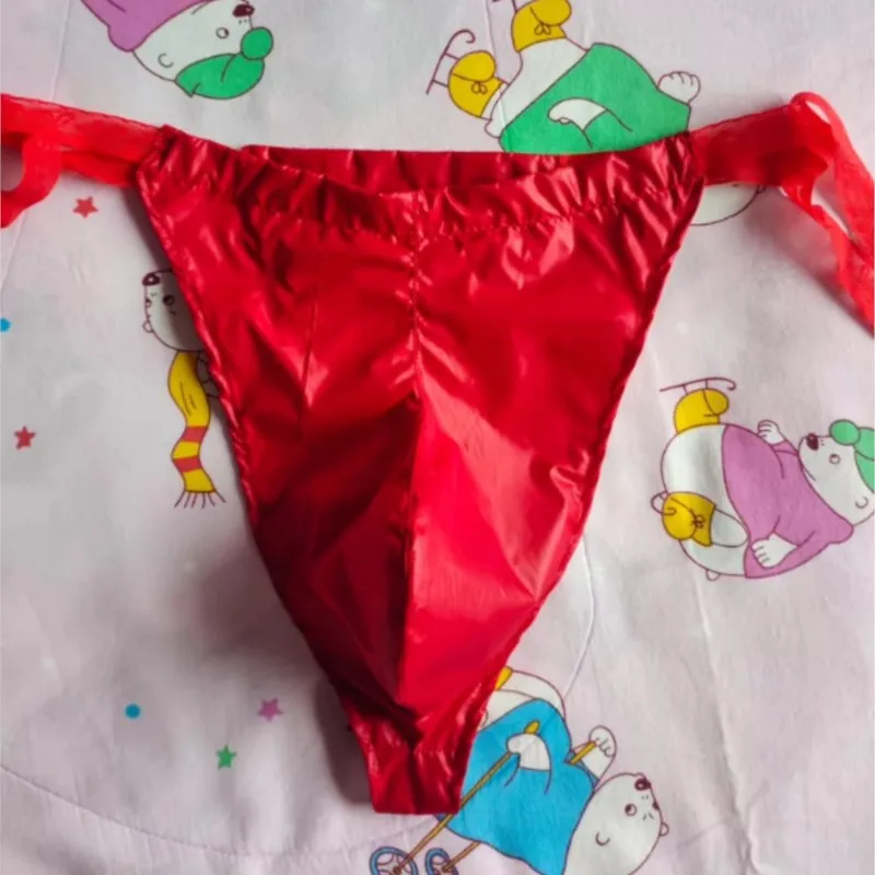 Male Shiny Down Clothing Fabric Thong Soft Smooth Waterproof Lightweight G-string Briefs Adjustable Lace up Waist Bulge T-back