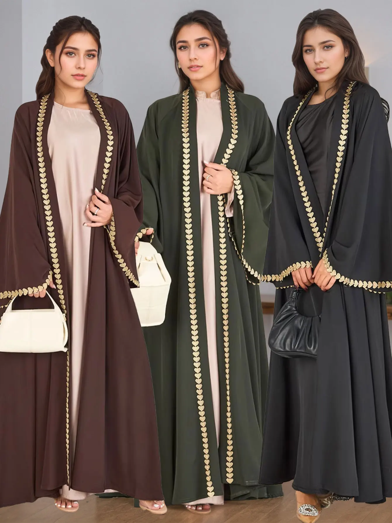 

Muslim Islam Stylish Arabian Dresses for Women Long Sleeve Open Front Abaya with Golden Heart shaped Trim for Various Occasions