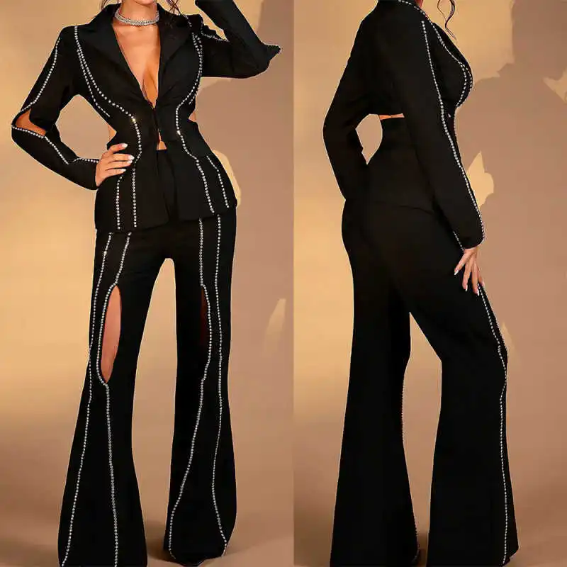 New Arrival 2 Pieces Women Suits Office Ladies Work Pants Sets Crystals Long Sleeve Customized Birthday Party Outfits