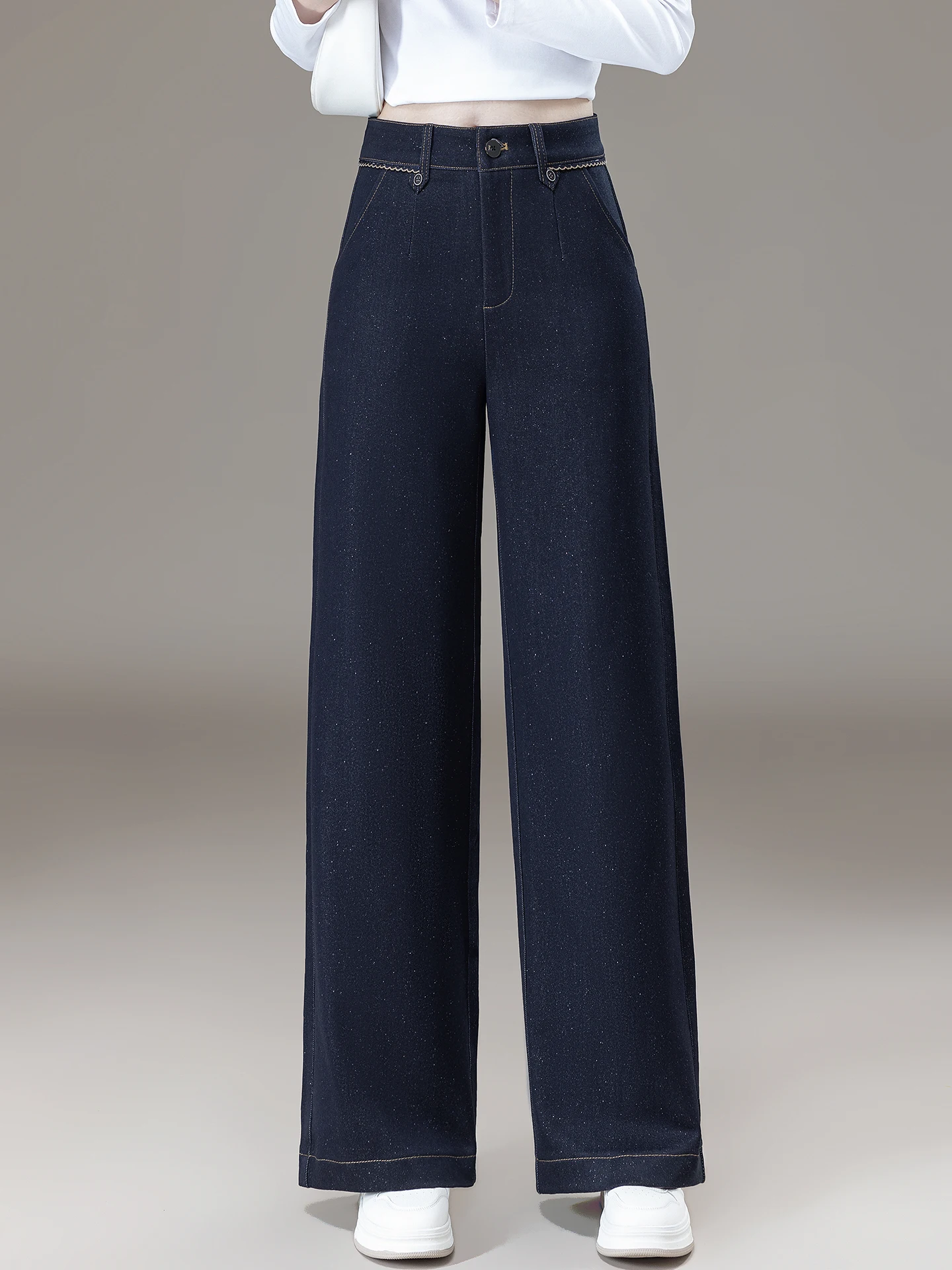 Slim Wide Leg Pants Women's Casual Straight Cut High Waist Loose Fitting Slimming Drapey Denim Look Sequin Patchwork