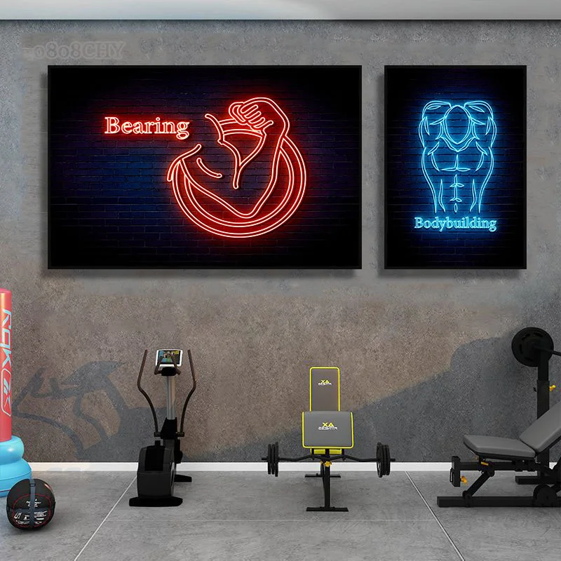 Fitness Neon Art Canvas Prints Paintings Fitness GYM Body Motivation Posters Bodybuilding Wall Art Pictures for Home Gym Decor