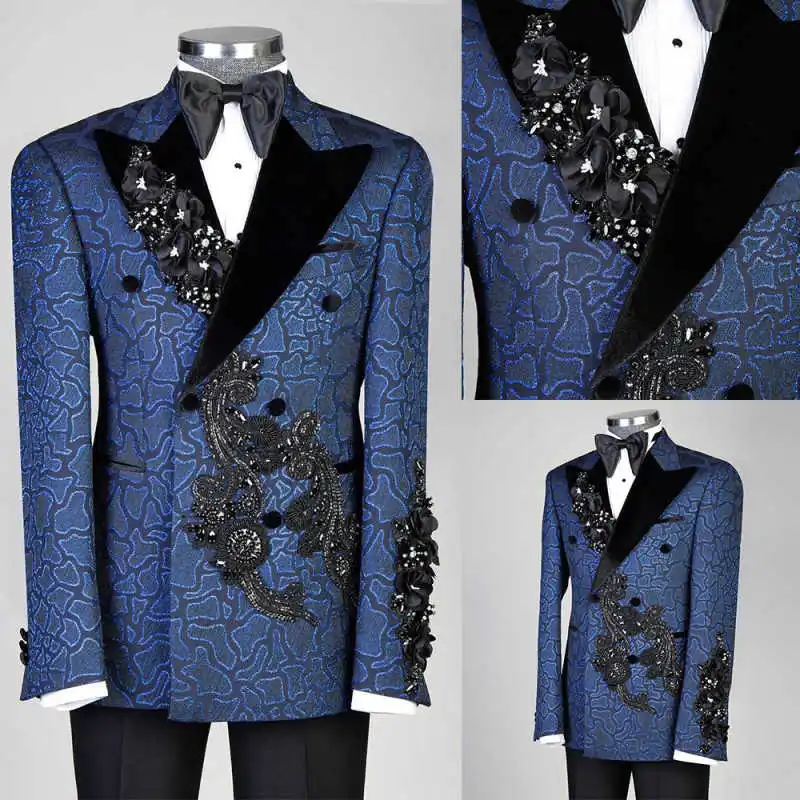 

Jacquard Fabric Men's Suits 2 Piece Jacket Pants Double Breasted Peaked Lapel Applique Male Clothing Prom Party Outfits