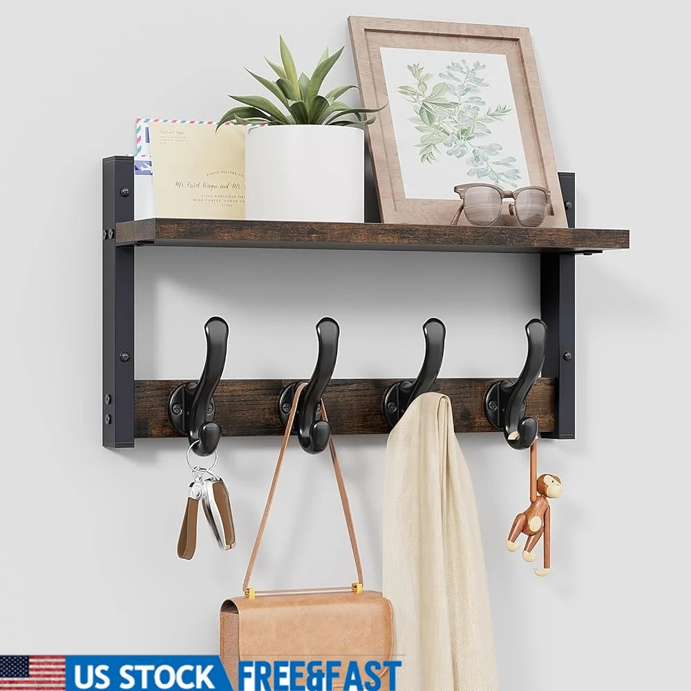 

16 Inch Rustic Coat Rack Wall Mount Organizer with Shelf Heavy Duty Hooks Entryway Storage Display Hangers