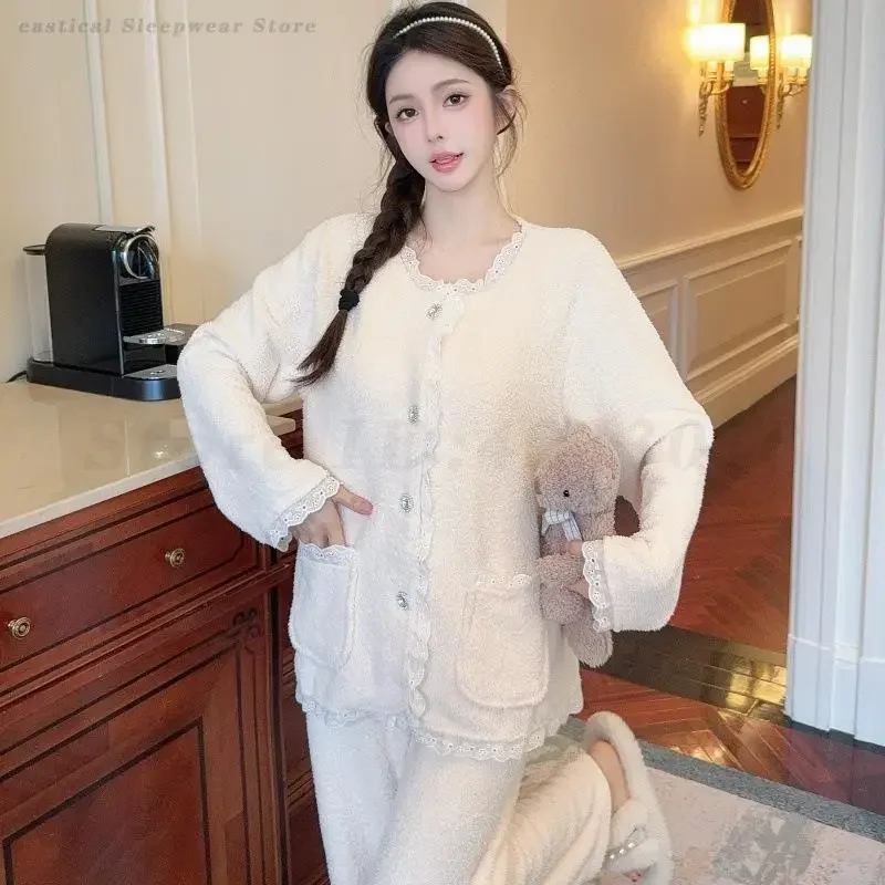 Autumn Winter Warm Sleepwear Home Clothes Sweet Cute Cardigan 2PCS Pajamas Set Women's Coral Fleece Thick Nightwear Lounge Wear