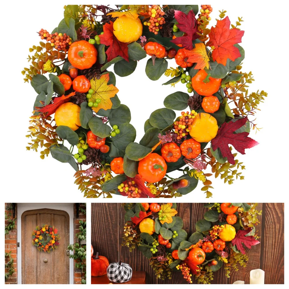 ABS Fall Wreath Artificial Pumpkin Wreaths Wall Hanging, Farmhouse Fall Decorations Eucalyptus Leaves Plump Berries For Harvest