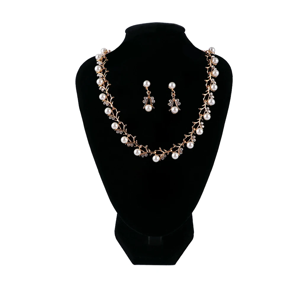 

Day Gift Leaf Bridal Rhinestone Drop Dangle Collar Choker Wedding Jewelry Pearl Crystal Necklace Earrings Bracelet Set