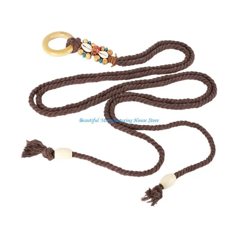 

E56A Braided Women Waist Belt Thin Bohemian Handmade Belts Beads Decors Waist Belt