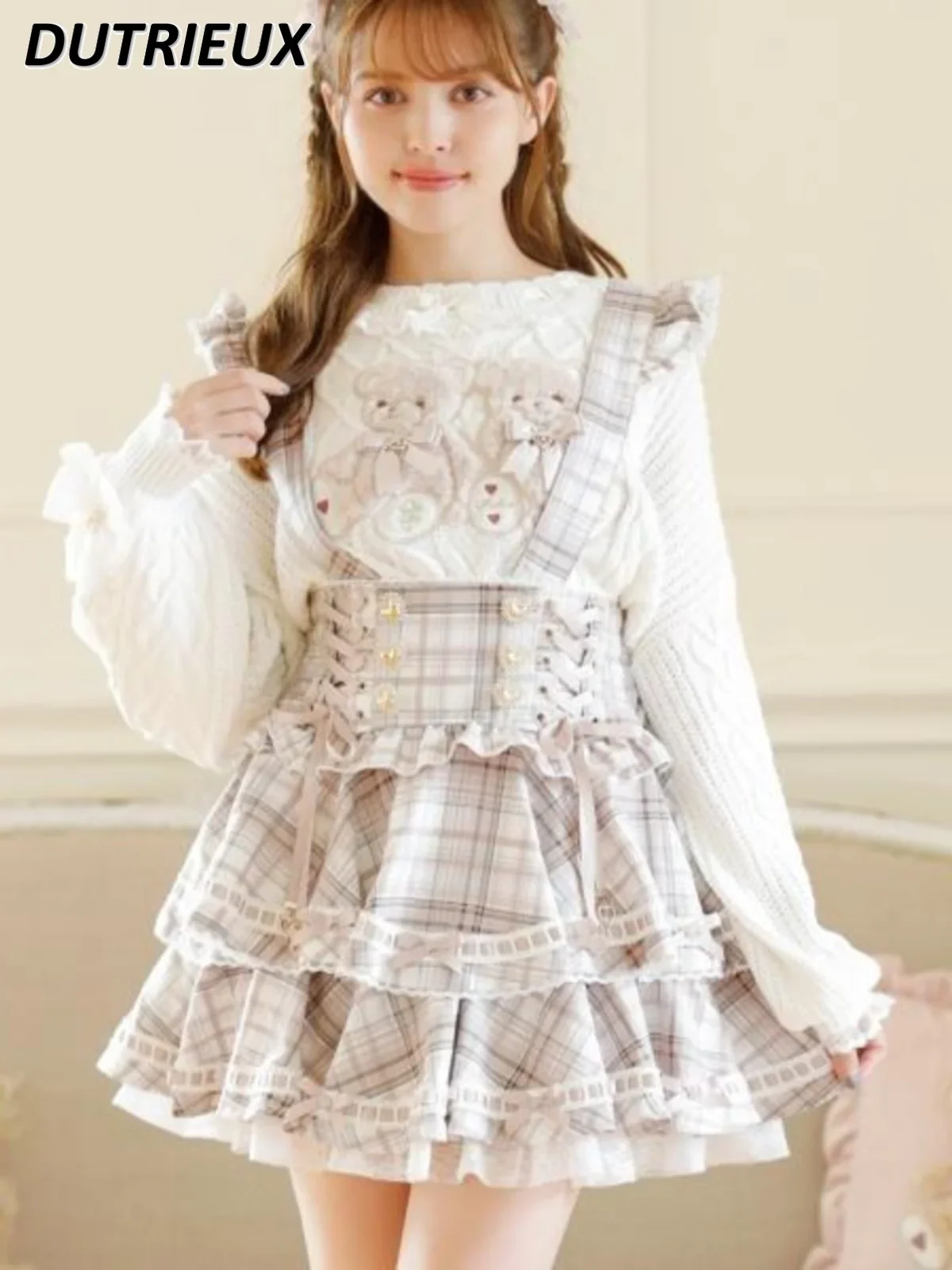 Japanese Autumn Winter New Cute Short Skirt Mine Series Mass Production Bow Removable Double-layer Plaid Strap Skirts Shorts