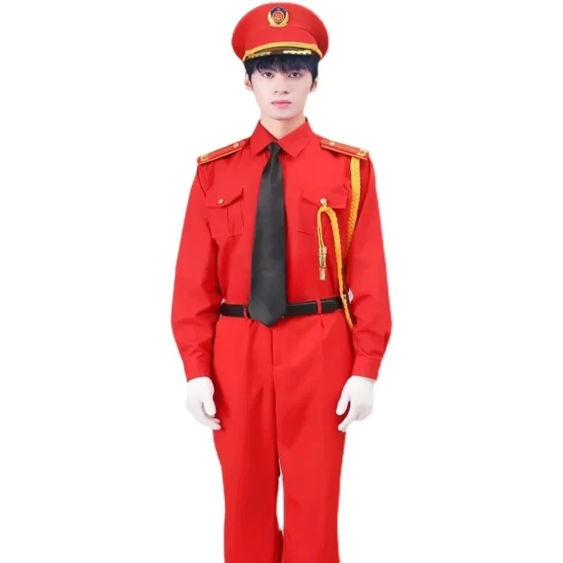 Summer Male Female Performance Cosplay Dress Suit Army Band Chorus Clothing Flag Raiser Uniform Red Military Drum Team Costume