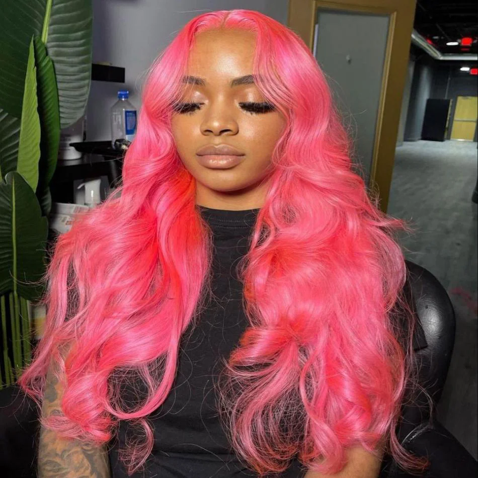 13X4 Pink Colored Lace Front Wig 100% Human Hair 180 Density Body Wave Lace Frontal Wig 13X6 Brazilian Preplucked Wig 30 Inch