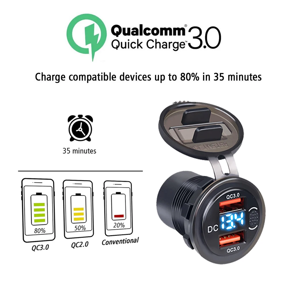 12/24V Car Charger 36W QC3.0 Dual USB Car Motor Charger Socket Waterproof With Voltmeter Switch Fast Quick Charge Adapter