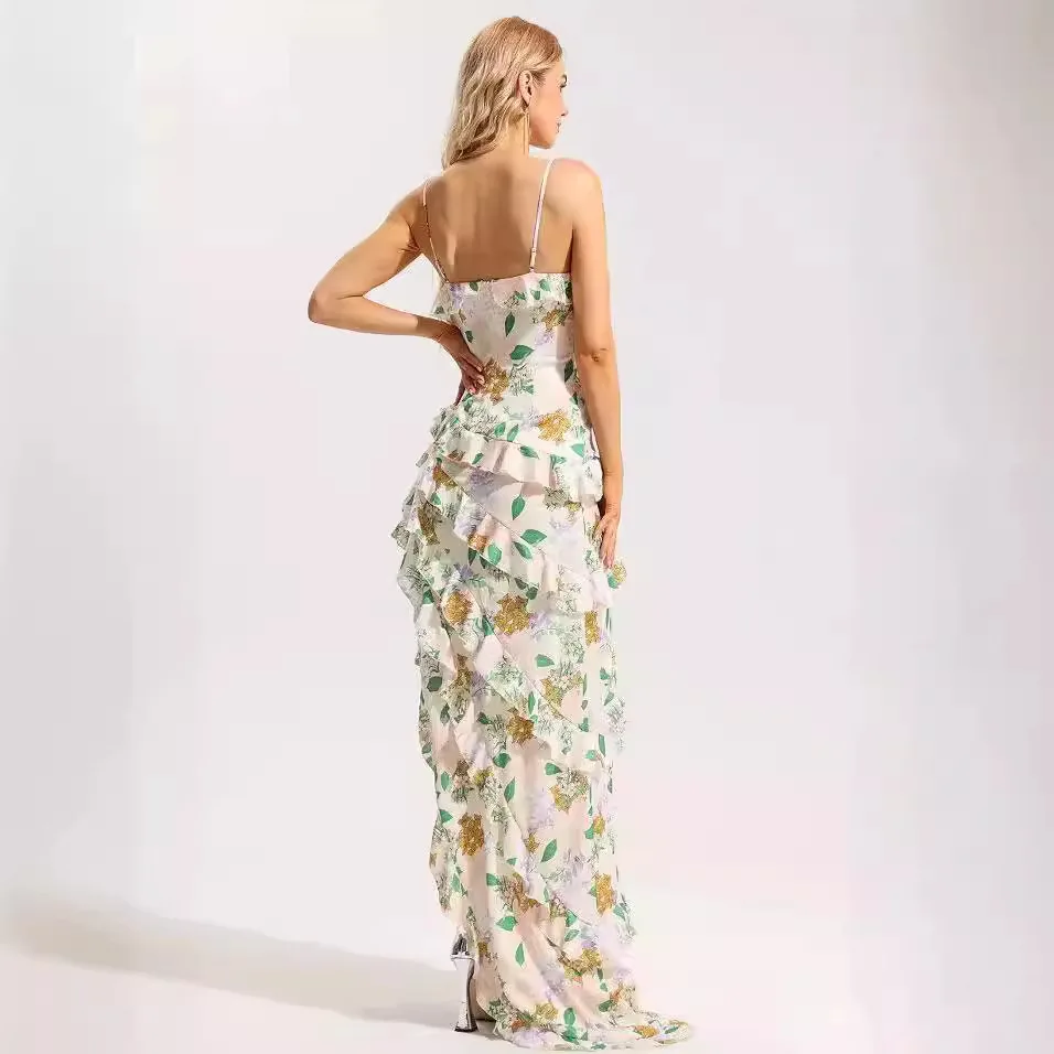 Sexy Spaghetti Straps Floral Printed Ruffle Long Dress Women Sleeveless V Neck Printing Slim Dresses Beach Party Holiday