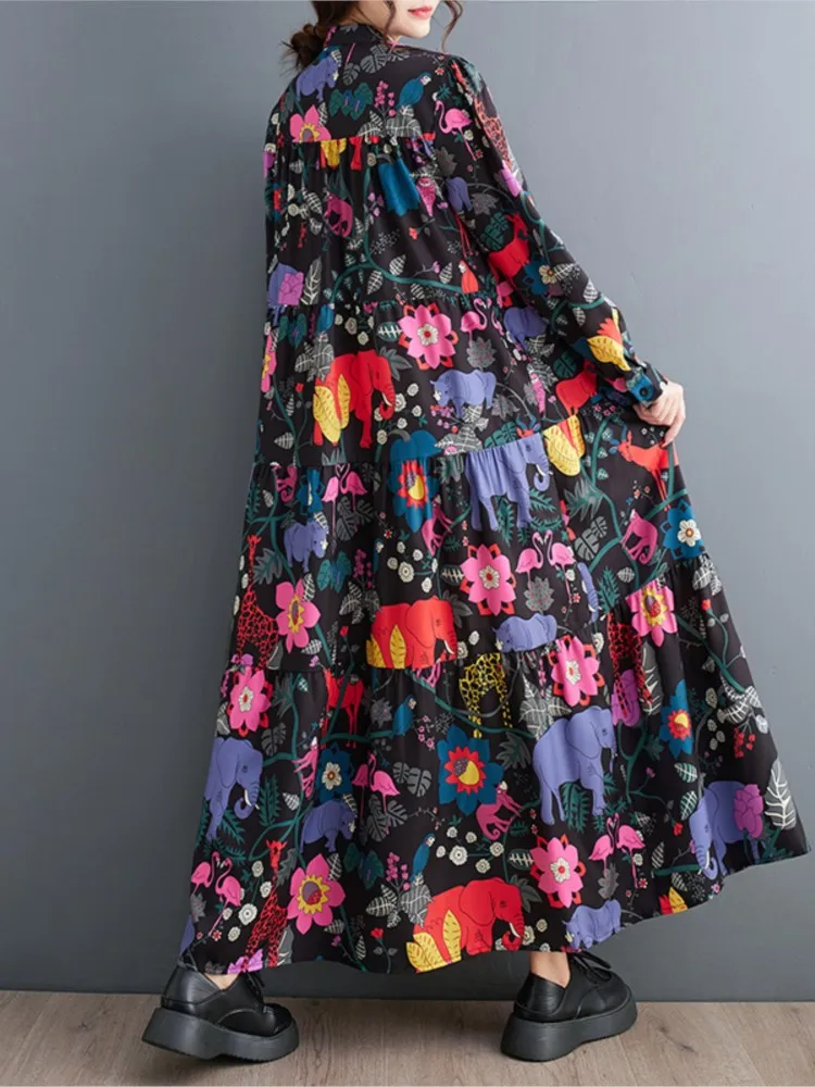 Übergroßen frühling Herbst Floral Blume Langarm Kleid Frauen Lose Mode Damen Kleider Frau Kleid