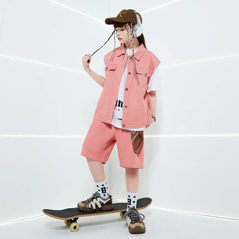 Boys Pink Hip Hop Clothing Vest Tshirt Cagro Shorts Girls Streetwear Outfits Children Ballroom Costumes Kids Jazz Clothes Sets
