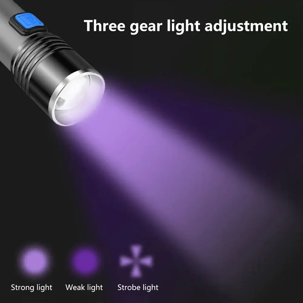 395nm UV Flashlight Zoomable Blacklight USB Rechargeable UV Light Ultraviolet Flashlight for Pet Urine Detection Curing Lighting