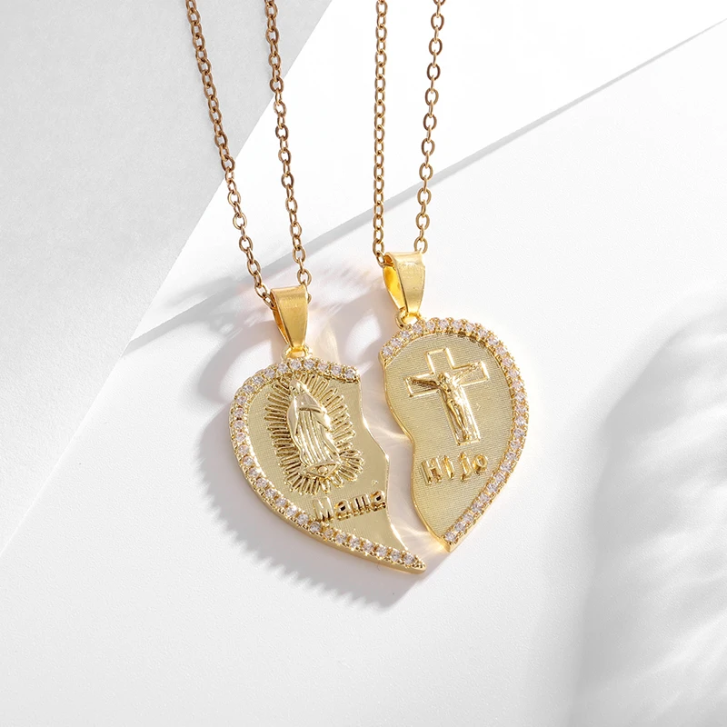 Exquisite and Romantic Heart-Shaped Virgin Mary Cross Pendant Necklace Inlaid with Zircon Personalized Jewelry for Men and Women