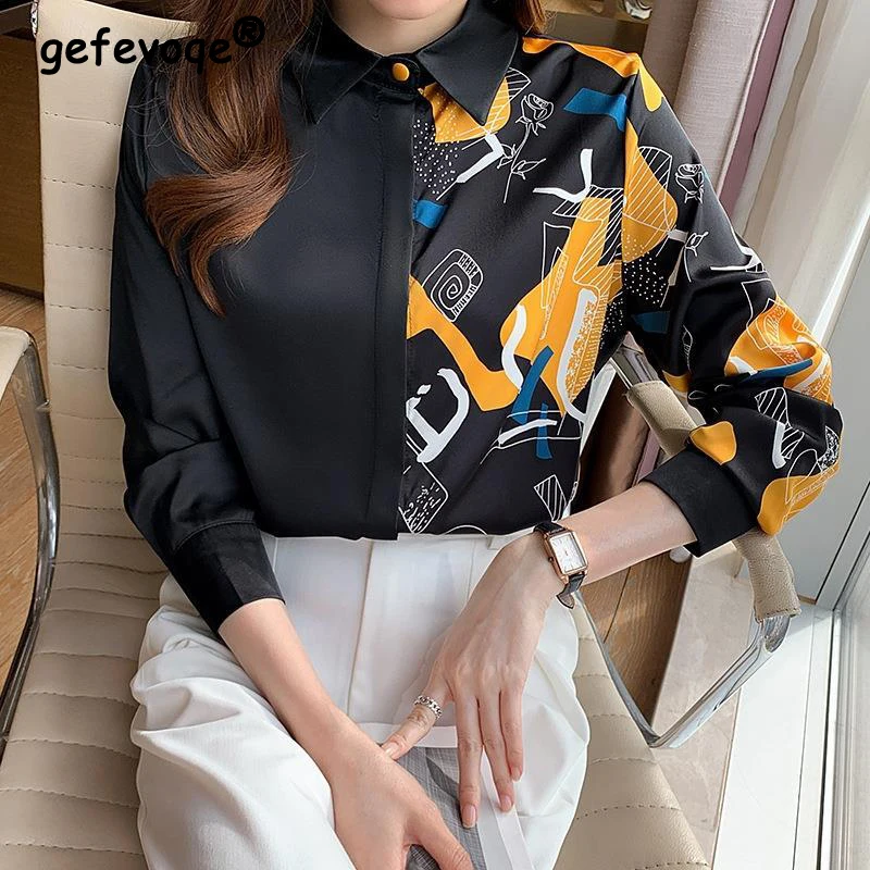 

spring autumn women's elegant fashion printed cardigan blouse ladies long sleeve patchwork casual shirt femme oversized tops