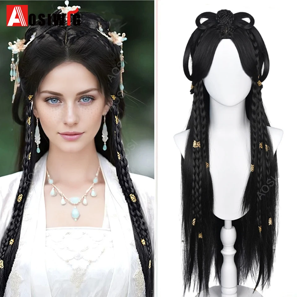 Synthetic One-piece Wig Long Straight Black Hanfu Wig Chinese Cosplay Hanfu Modelling Wig Ancient Style For Women