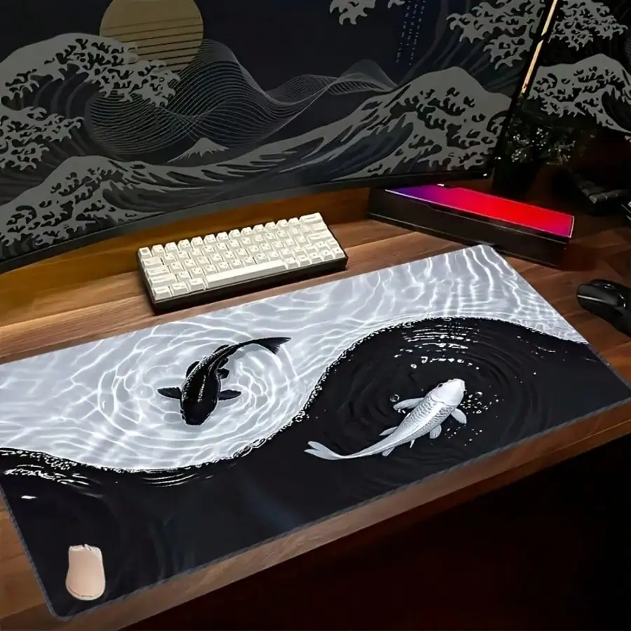 Taiji Koi Fish Gaming Mouse Pad, Rubber Base, Precision Stitched Edges, Waterproof Rectangular Desk Mat, Suitable For Office And Gaming Desk, Office Supplies view 3