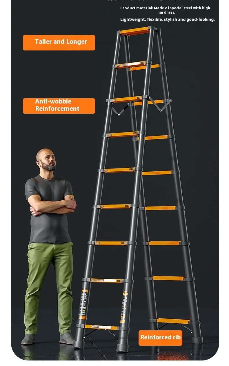 Thickened carbon steel telescopic ladder Multifunctional herringbone ladder Bamboo ladder Lifting folding engineering staircase