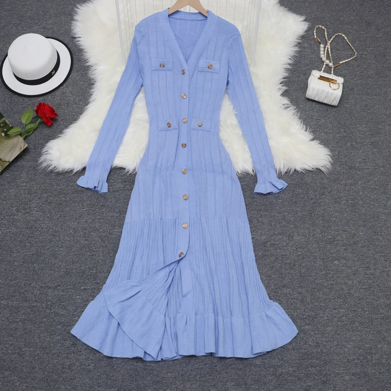 New Autumn Temperament Knitted Dress For Women French Fashion High-end Full Sleeve Elegant V-Neck Casual Knitting Long Dress