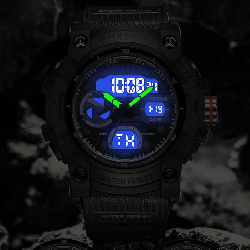 FOXBOX TOP Men's watches quartz wristwatch waterproof dual time display military men's clock watches for men reloj hommes+BOX
