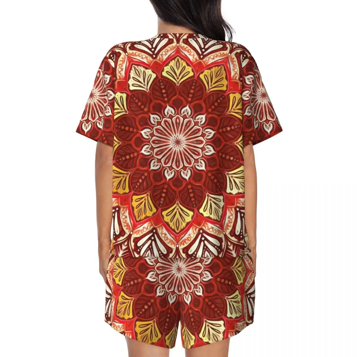 Pijamas florales bohemios Retro para mujer, ropa de dormir bonita roja y dorada, conjuntos de pijamas personalizados de dos piezas de manga corta para el hogar con cuello redondo