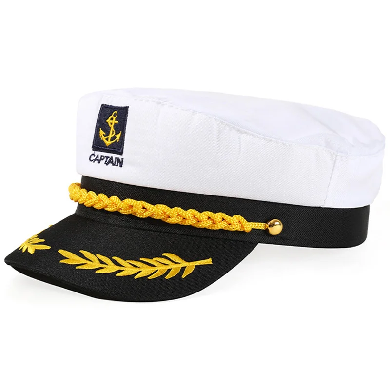 Adjustable Captain Hat Vintage for Costume Party White Sailor Cap with Embroidery Metal Studs Retro Maritime Headwear Gear