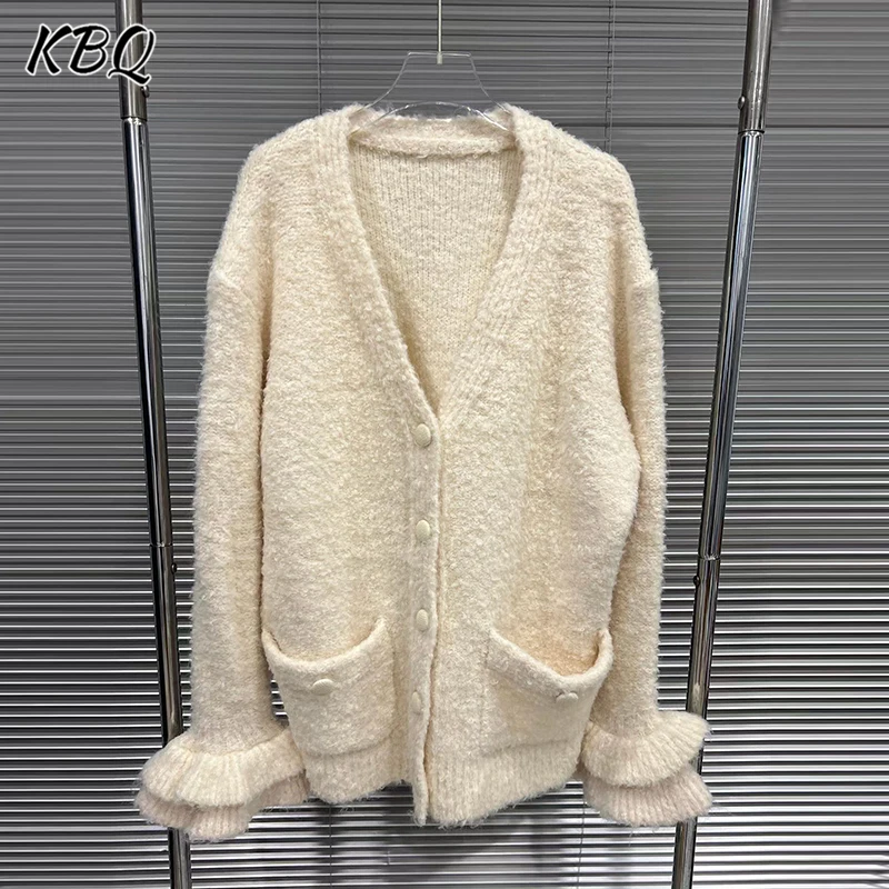 

KBQ Solid Spliced Button Loose Casual Jackets for Women V Neck Long Sleeve Patchwork Pockets Chic Coats Female Fashion Style New