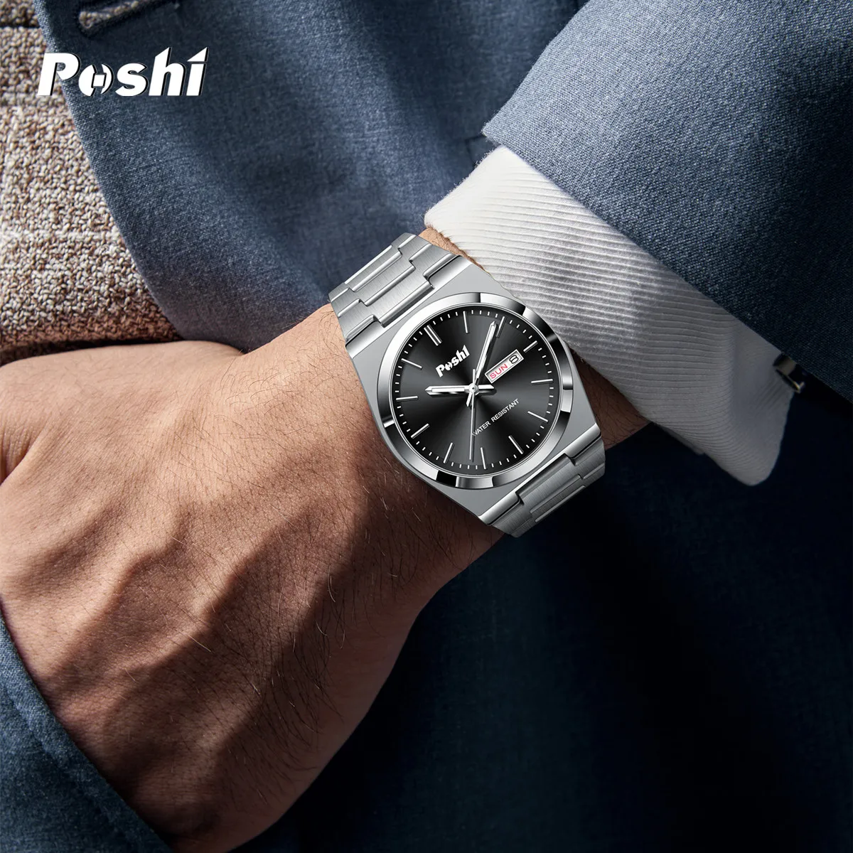 POSHI 979 Luxury Quartz Watch for Man Fashion Business Stainless Steel Wristwatch Men\'s Clock Date Week Dilsplay Watch Box