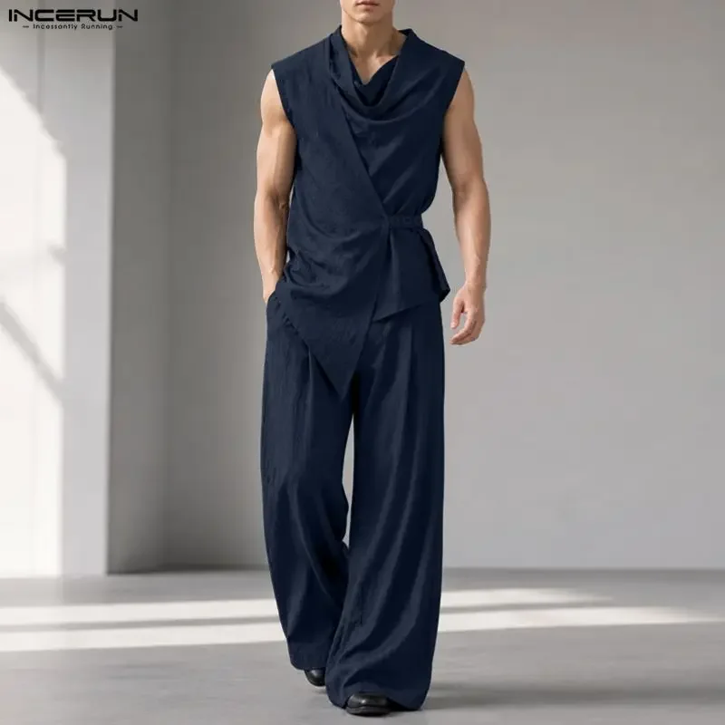 INCERUN Men Sets Solid Color Sleeveless Irregular Shirt Pants Two Piece Sets Streetwear 2026 Casual Men Matching Sets Tracksuits view 2