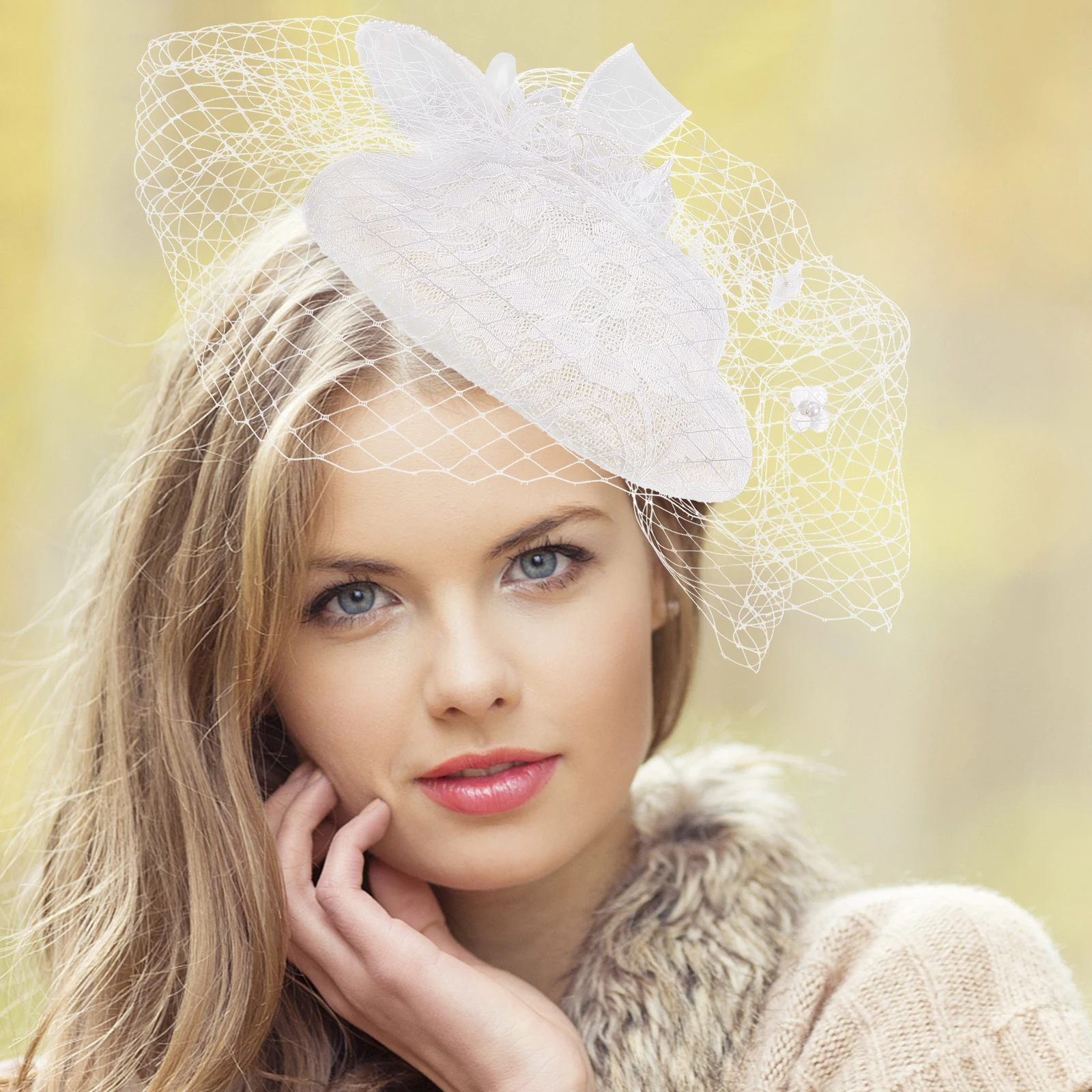 

White Retro Bridal Fascinator Hat Mesh Design Flower Decor Durable Safe Materials Tea Party Banquet Photos Prop Women Wedding