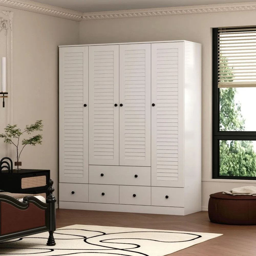 

4 Shutter Door Wardrobe with Shelves and Drawers, Armoire Wardrobe Closet with 2 Hanging Rods, for Bedroom White