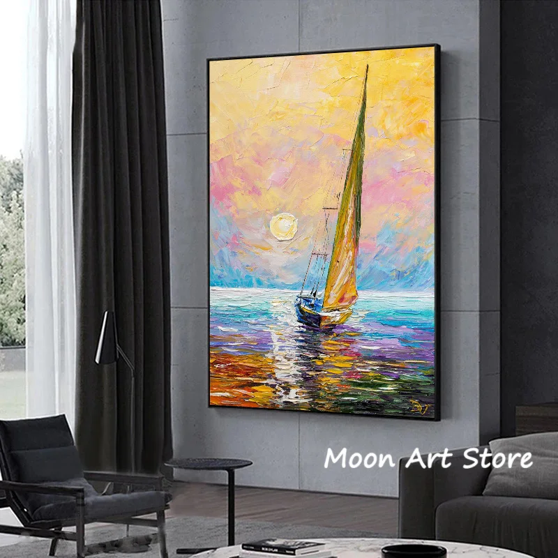 Vintage Oil Painting Sailing Boat Poster Color Sea View Canvas Painting HD Print Modern Wall Art Picture Living Room Home Decor