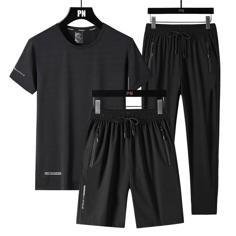 Men\'s Summer Suit Pure Color Breatha 3-piece-set with T-shirt and Short Casual Sport Trousers Business Suit Oversized Sets M-8XL