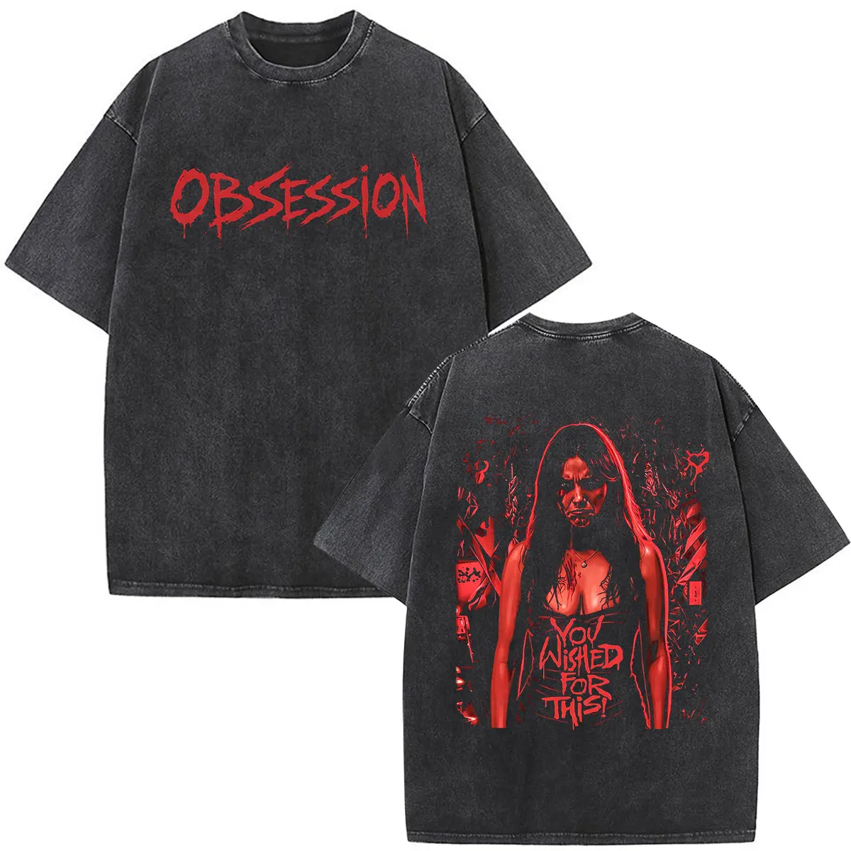T-shirt vintage délavé « Obsession Film d'Horreur Nikki » pour homme et femme, style gothique, en coton, coupe oversize, manches courtes