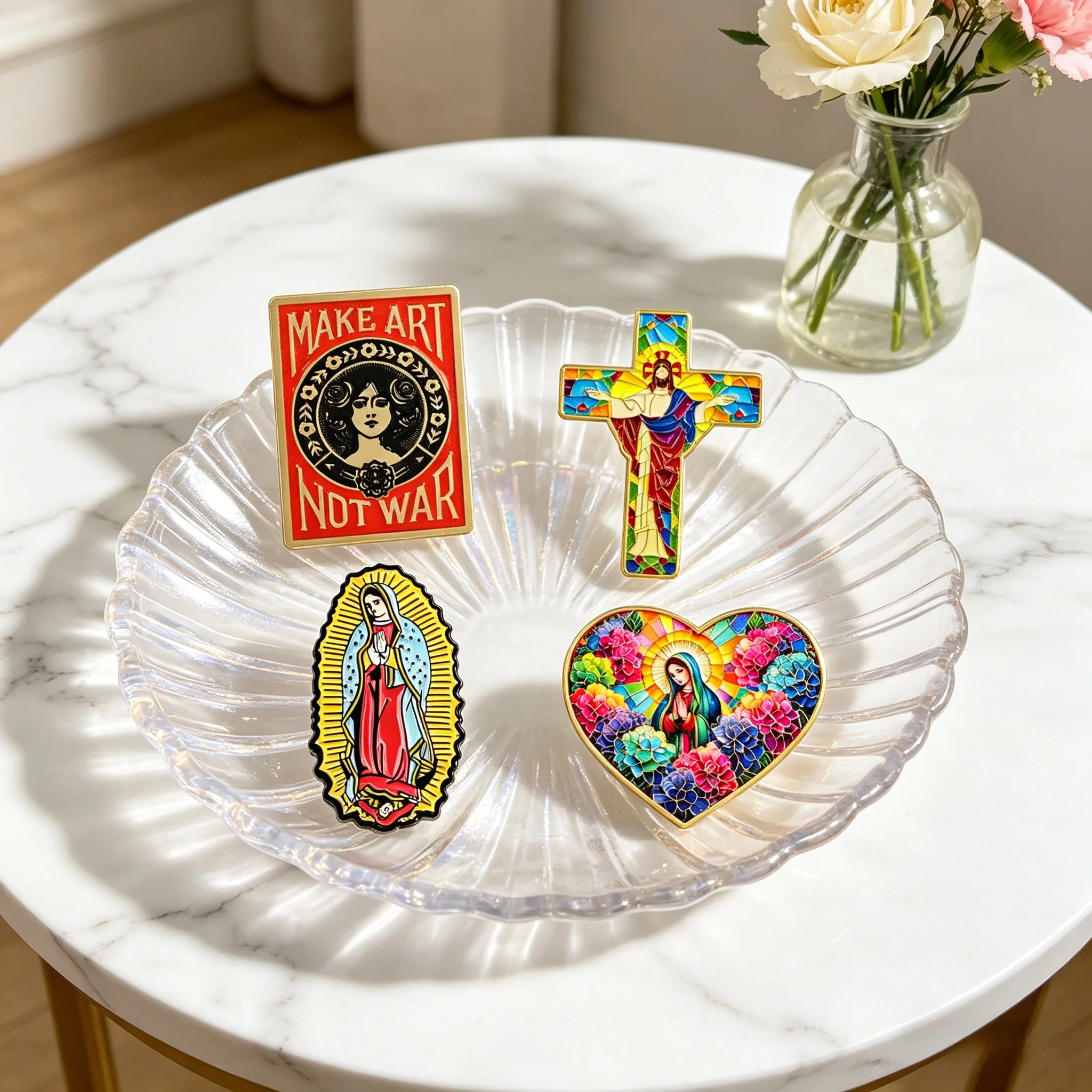 Jesus Cross Enamel Pins Virgin Mary War Quotes Brooch Lapel Pin Badge on Backpack Clothing Accessories Fashion Jewelry Gifts