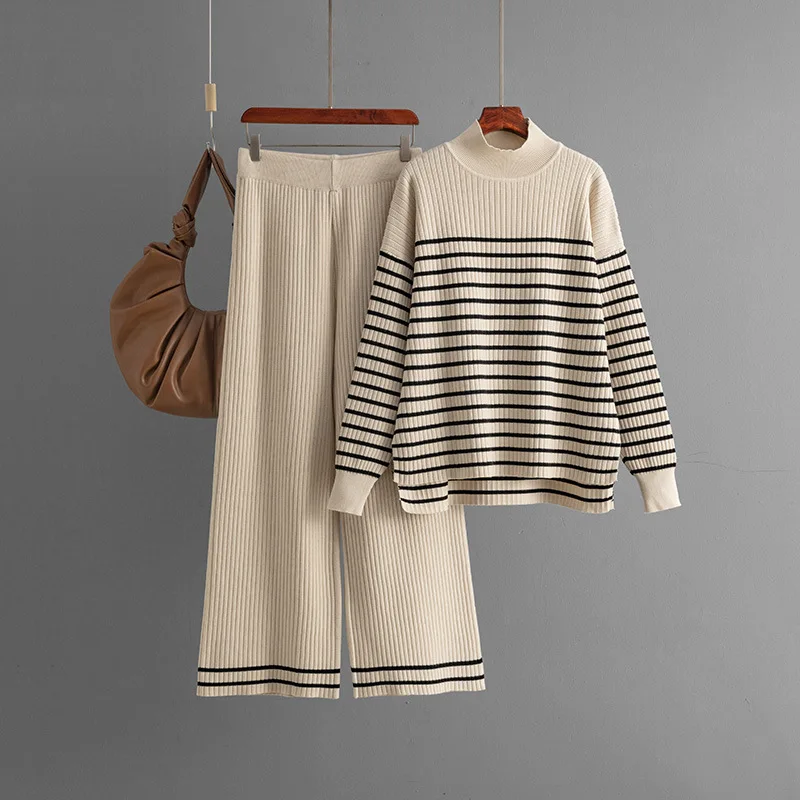 

2025 Commuting Women's Suits For Autumn And Winter Fashion Striped Slit Long-sleeved Sweater Loose Wide-leg Pants Two-piece Set