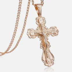 585 Rose Gold Color Cross Pendant Necklace For Men Women Prayer Crucifix Jesus Charm CZ Pendant Snail Link Chain 50/60cm GP172