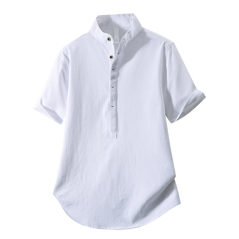 

Retro Washed SummerMen's Cotton Short Sleeve Shirt Trend Stand Collar Pull On Casual Shirts Male Loose Breathable Blouse Tops