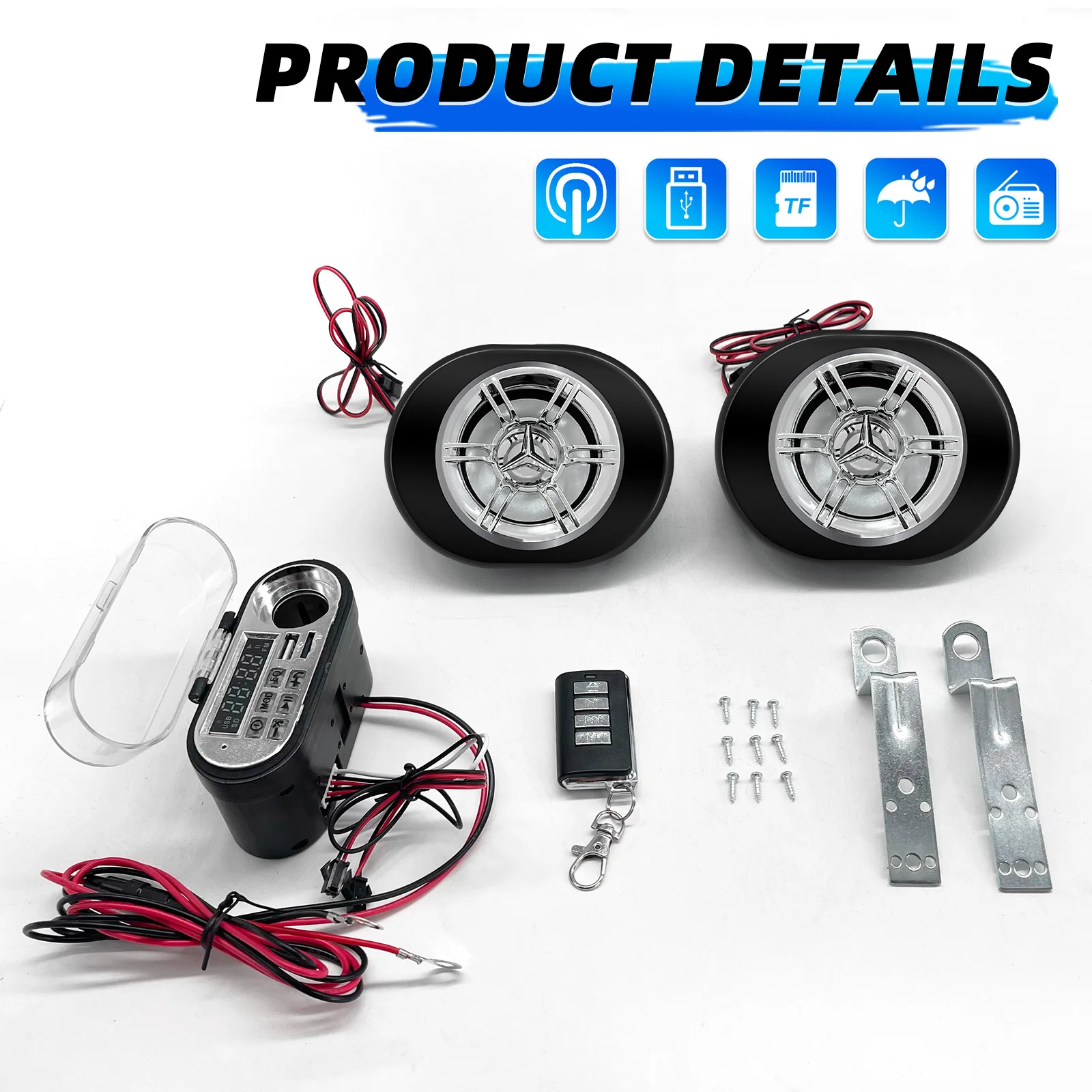 مكبر صوت لمقود الدراجة النارية/بلوتوث مدمج/مشغل MP3/جهاز تحكم عن بعد لاسلكي مقاوم للماء، مناسب للدراجات النارية