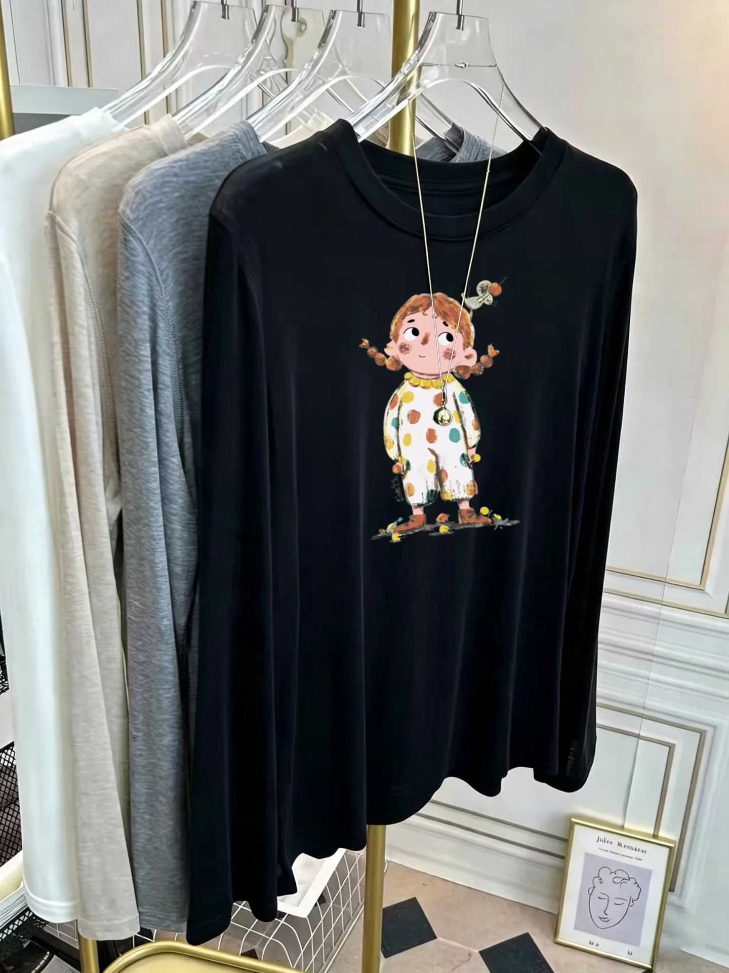 Korean Style Women's Long Sleeve T-Shirt Soft Sunscreen Print Thin Base Layer Mask Design Casual Comfortable Cotton Top