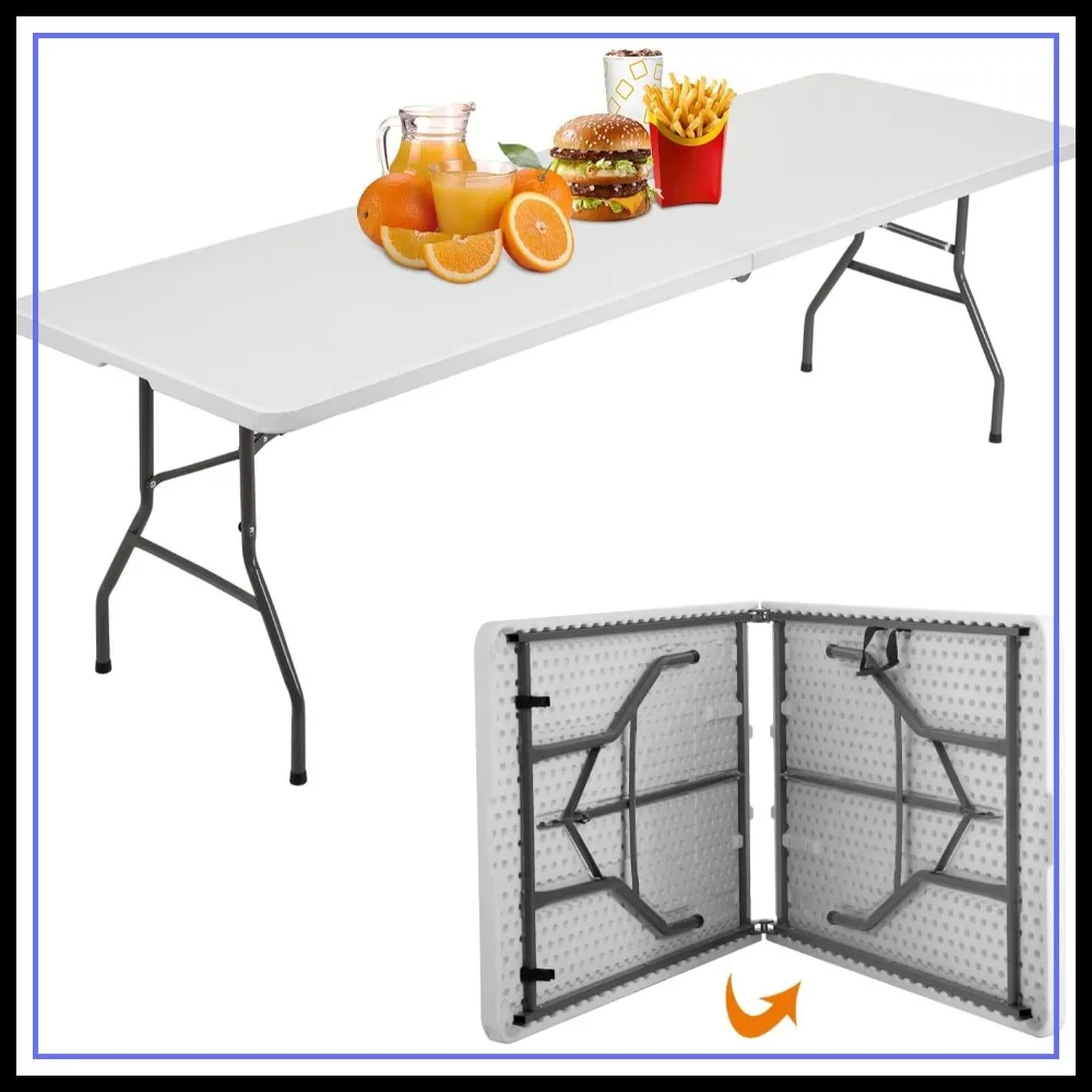 

8 FT Plastic Folding Picnic Table with Handle, Portable Square Camping Table for Outdoor Parties, White