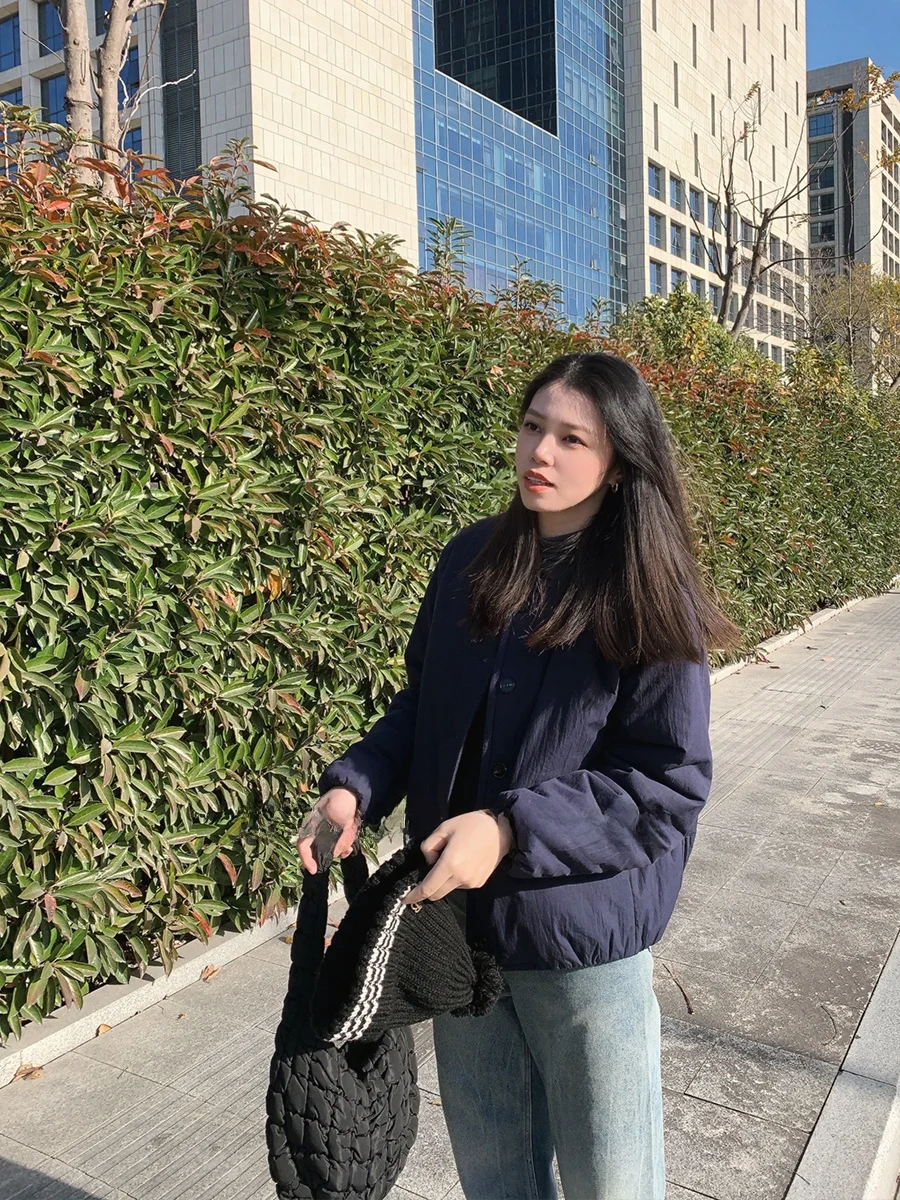 

LUNUNG Thiened Cotton Jaet Women's round Ne Button up Warmth Outerwear Loose Fit Sli Commute Regular Sve