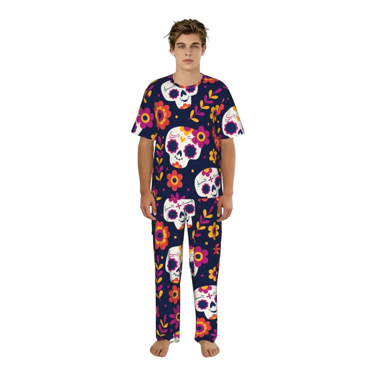 Men's Pajamas Set Summer Short-Sleeve Tops + Long Pants Nightwear Home Wear Suits Day Of The Dead Skull And Flowers Sleepwear