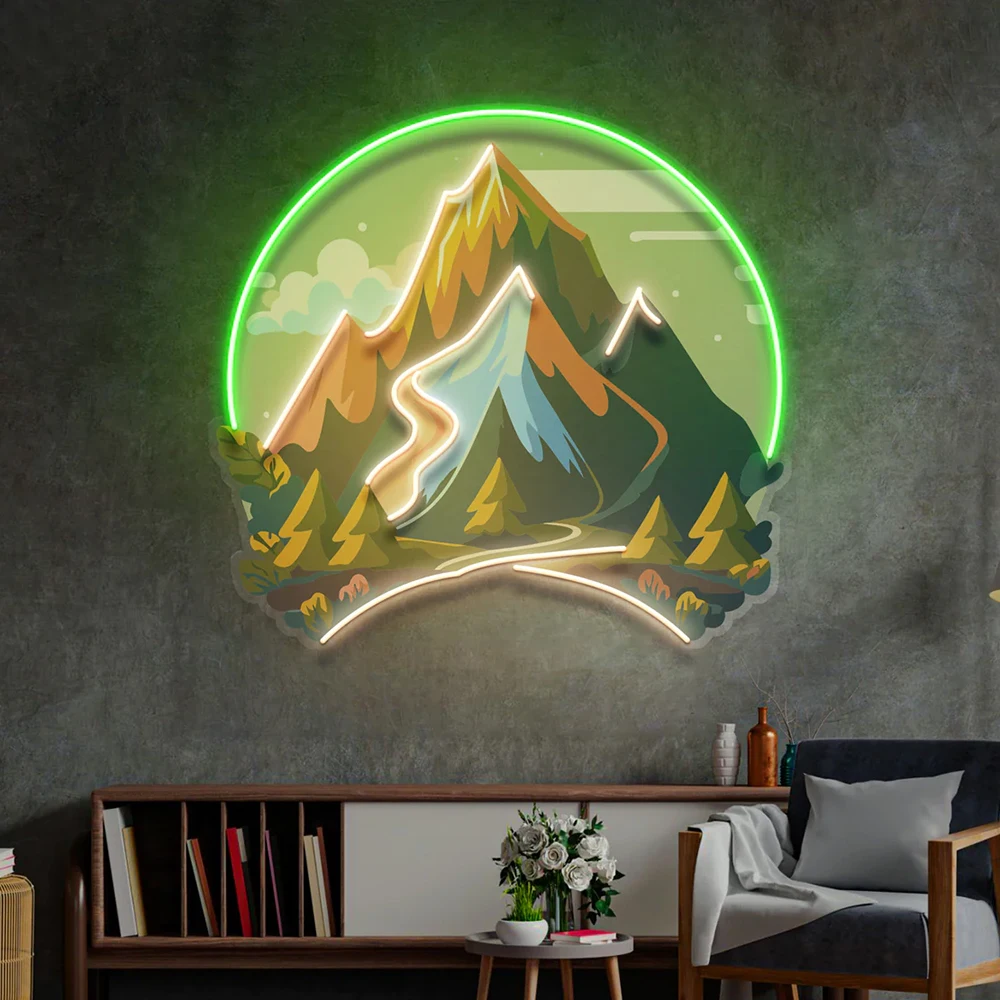 Mountain Landscape Neon Sign Mountain Sunset Sunrise Tree House Pop Art Gifts for Family Office Wall Decor Aesthetic Wall Art