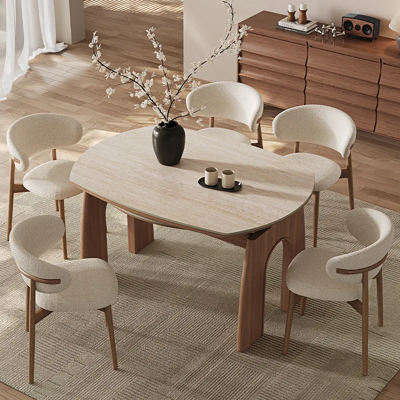 Travertine rock slab retractable dining table modern simple square and round dual-purpose medieval style designer solid wood roc
