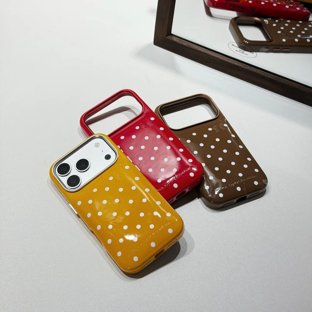 Puffer Glossy Polka Dot Phone Case for iPhone 17 16 18 Pro Max Plus Metallic Camera Frame Cute Embossed Hard Protective Cover