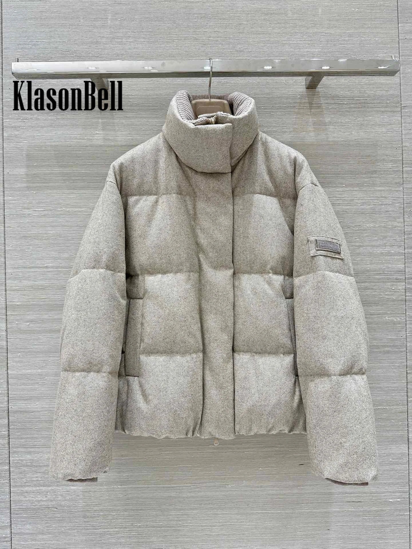 8.26 KlasonBell-Women Autumn Winter New Classic Bead Chain Wool Knit Spliced Stand Collar Down Jacket Bread Keep Warm Coat