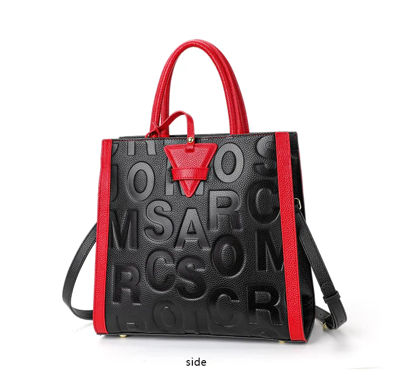 Schwarz-Rote Leder-Tragetasche für Damen mit Geprägtem Alphabet, Verstellbarem Riemen und Mehreren Taschen - Tägliche Crossbody-Shopper-Tasche – Detail 7